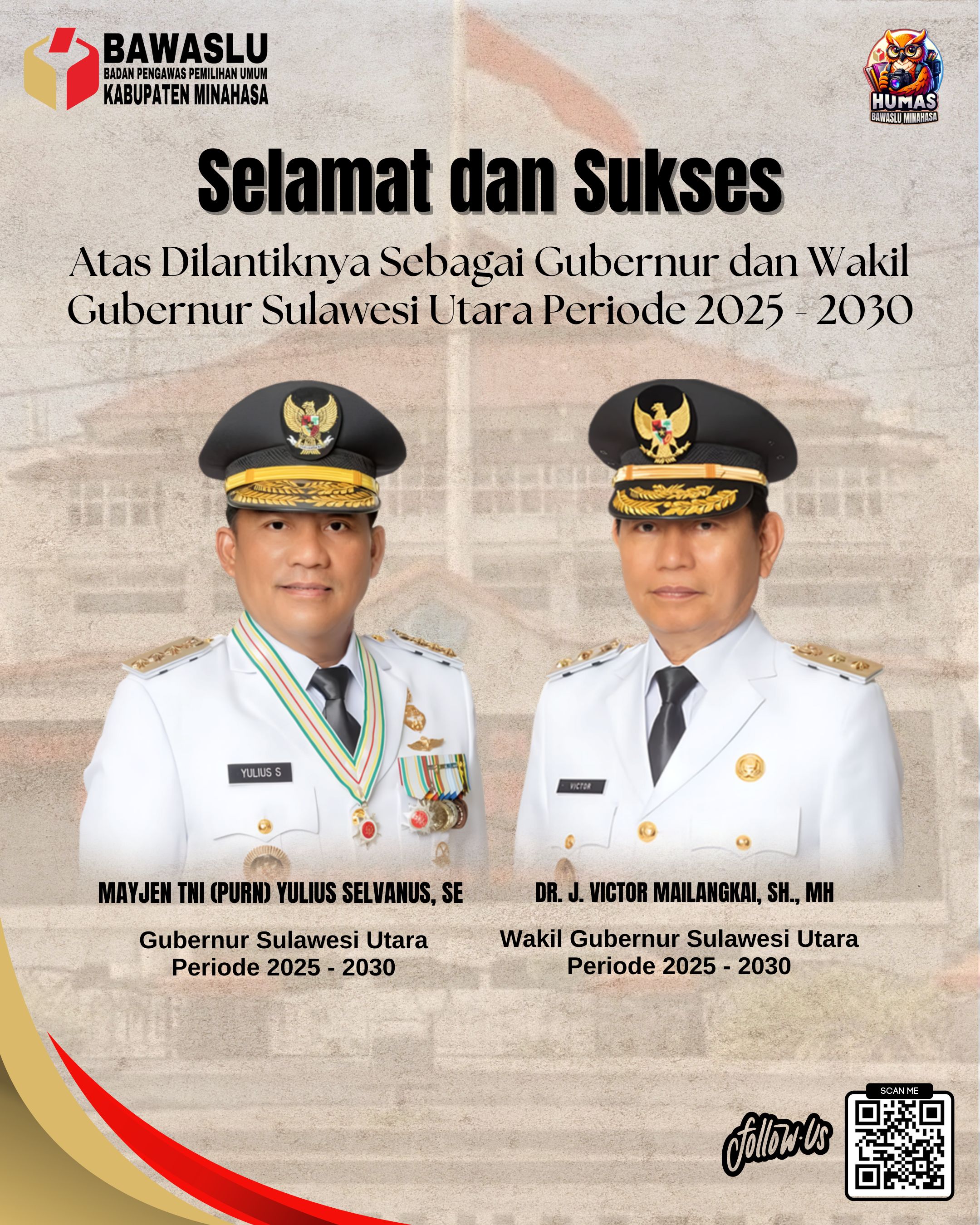 Bawaslu Minahasa Ucapkan Selamat Atas Dilantiknya Gubernur dan Wakil Gubernur Sulawesi Utara